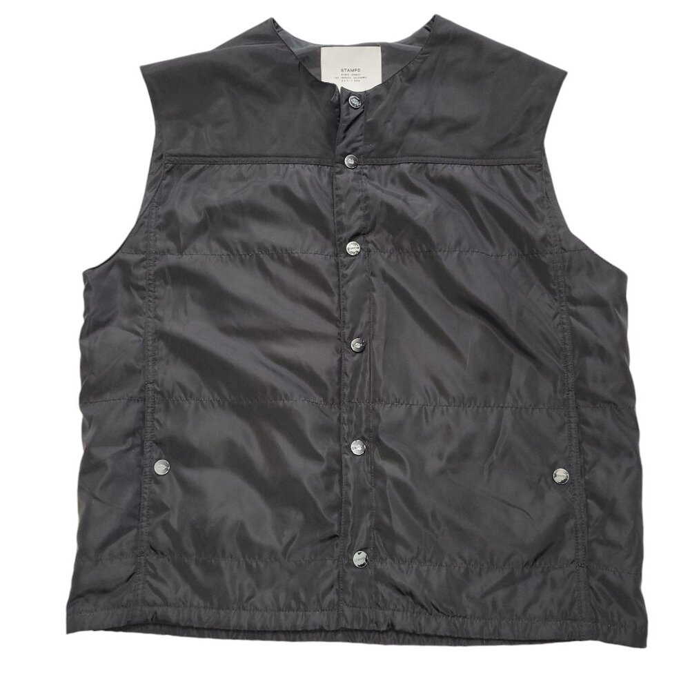 Puffer Vest Black Lightweight Collarless Logo Snaps Pockets Drawstring Waist Med